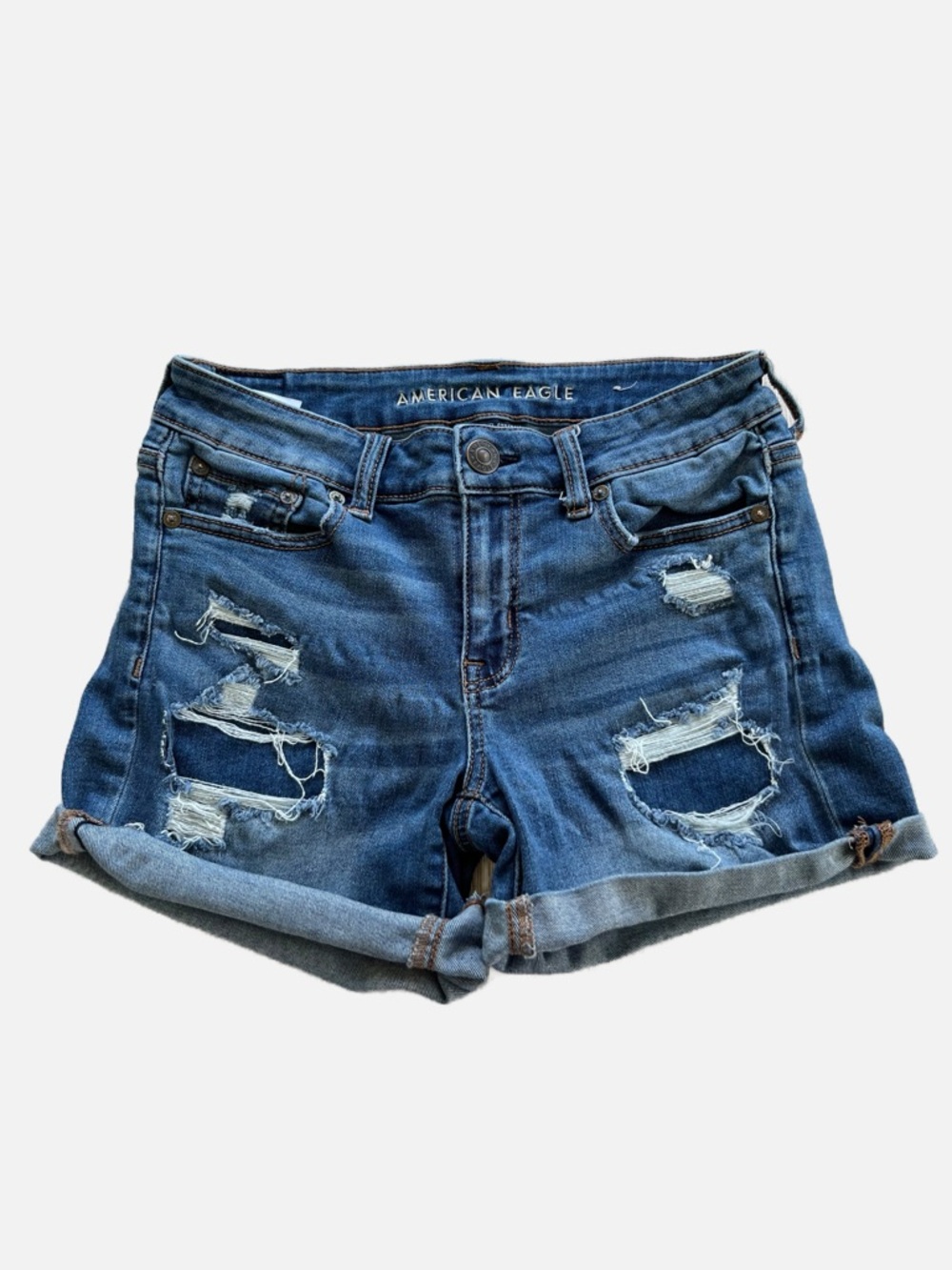 American Eagle Outfitters Distressed Blue Rolled-Hem MIDI Jean Shorts
